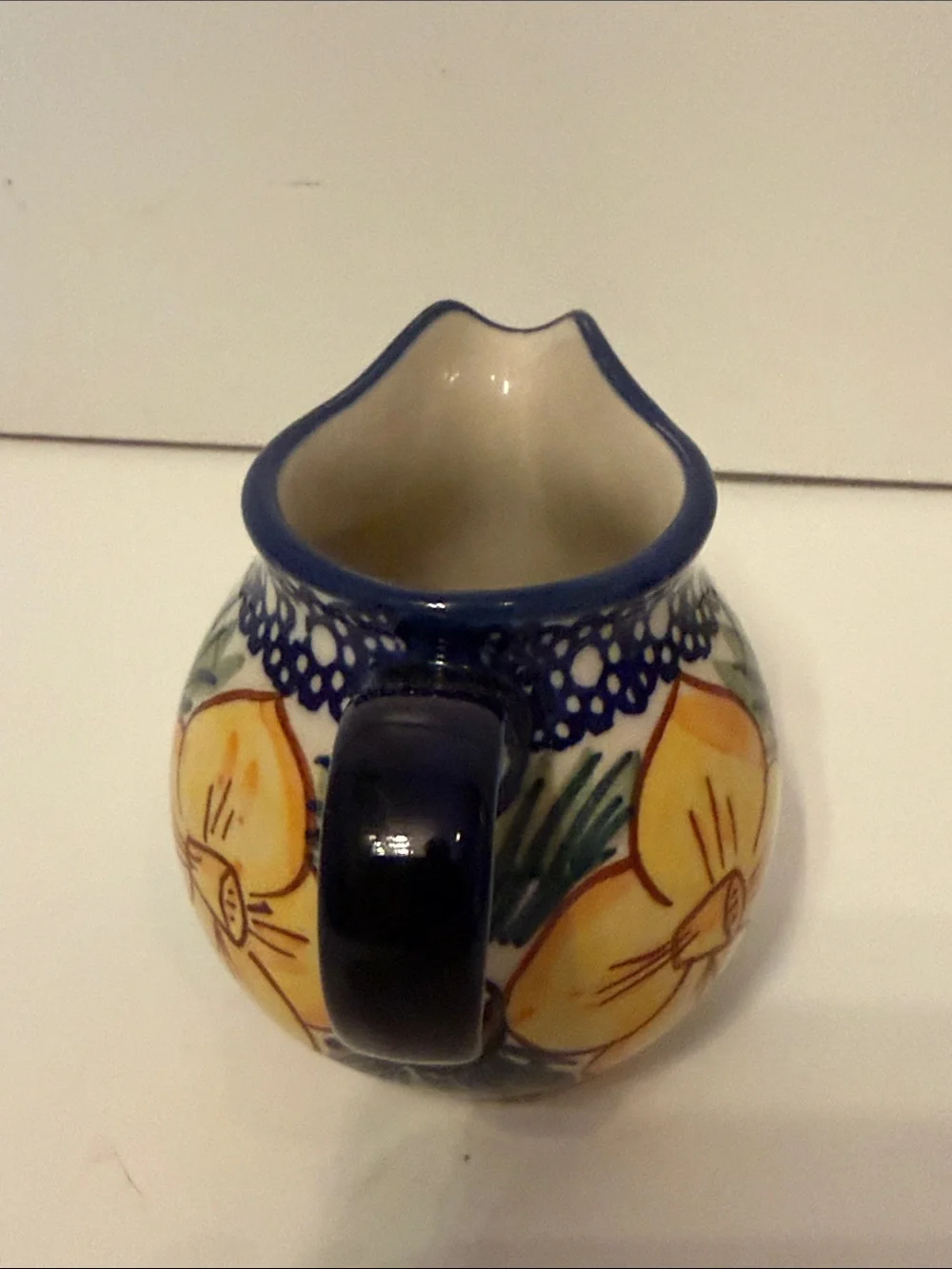 POLISH POTTERY SET SUGAR LID CREAMER TRAY BLUE WHITE GREEN HANDMADE BOLESLAWIEC